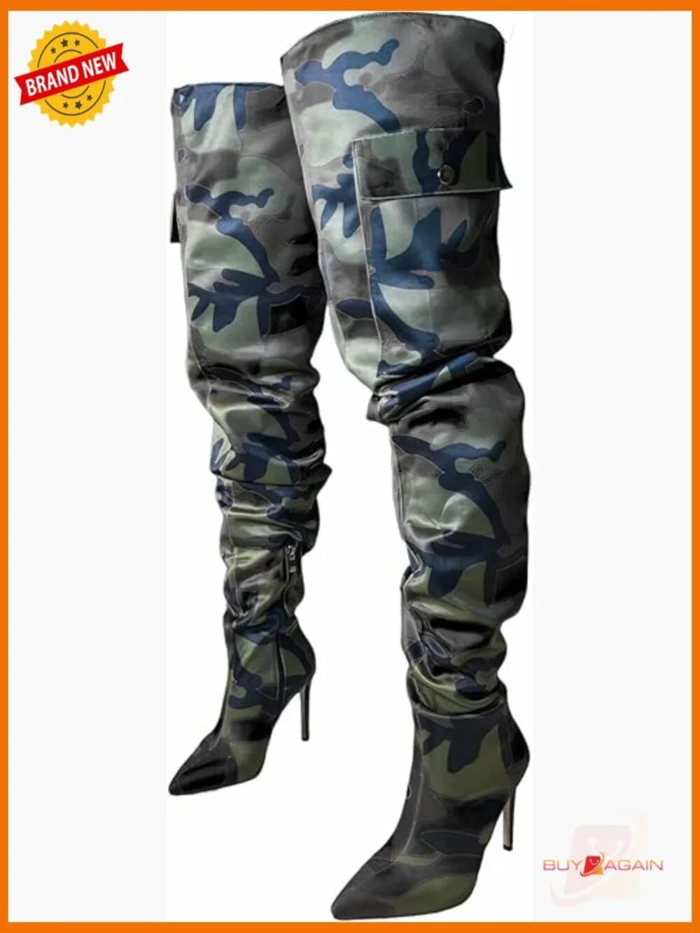 Thigh High Boots with 3.9 Inch Heel, Synthetic Material, Side Zipper Closure
